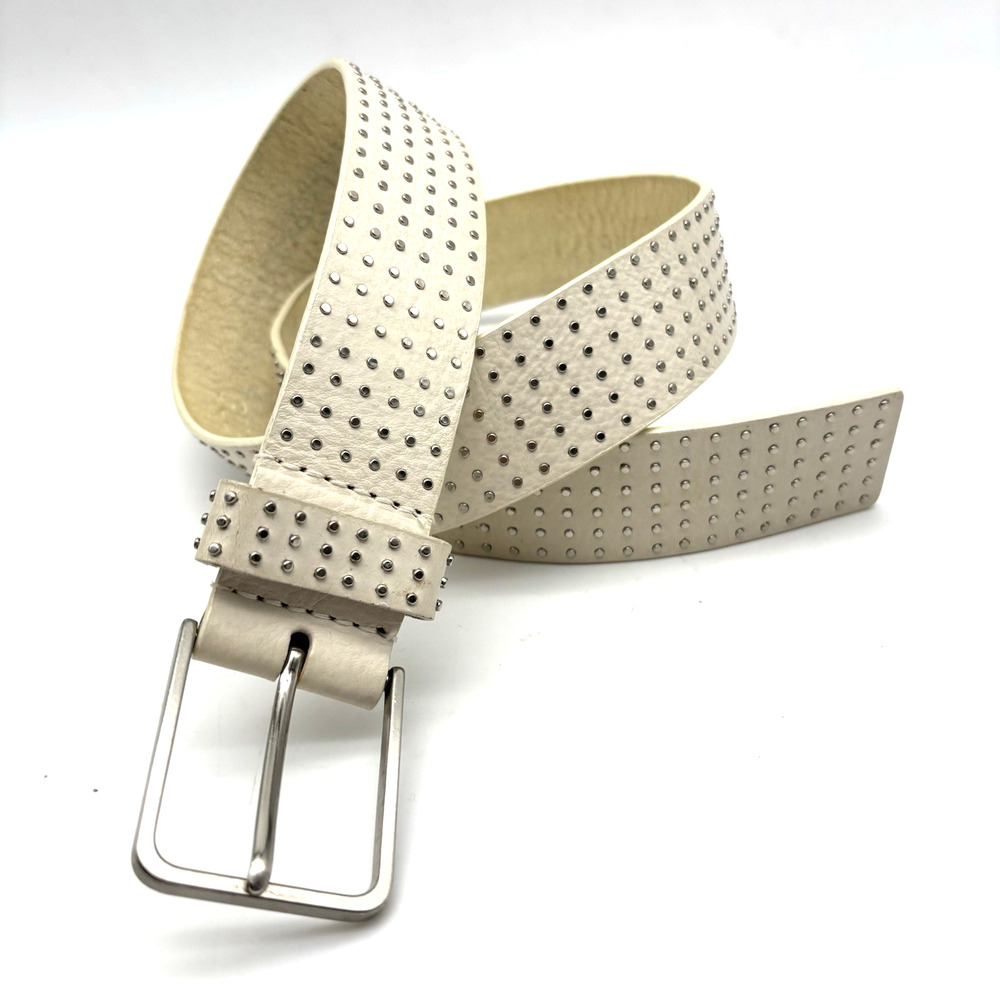 Vintage Y2K GUESS 354001G White Genuine Leather 6-row Mini Studded Belt M 31-35"